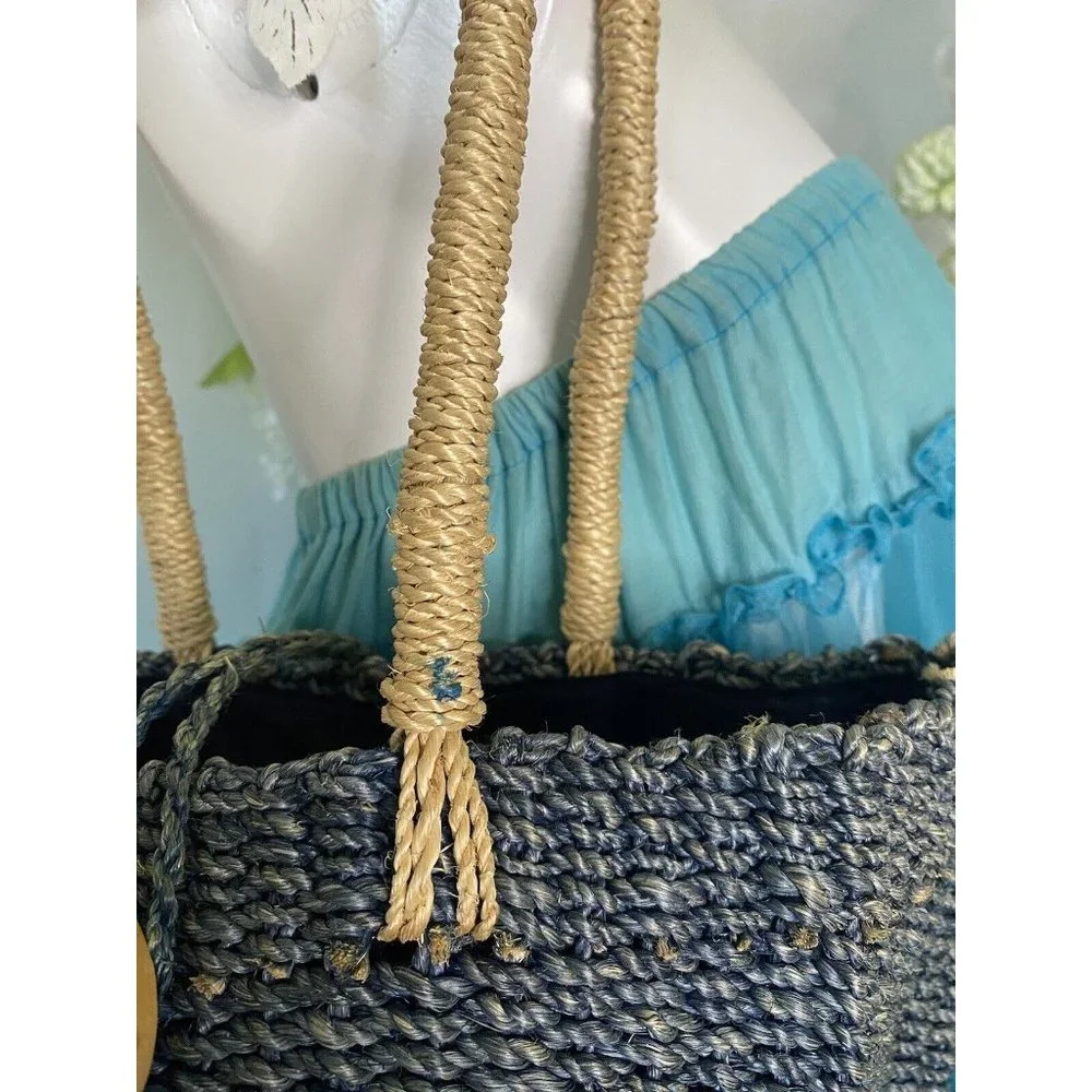 Kenneth Cole Reaction Powder Blue Abaca Straw‎ Logo Shoulder Handbag Vintage EUC
